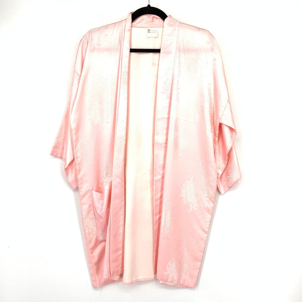 Vintage Kimono Robe One Size Fits Most LIght Pink Satin Floral Embossed *NO BELT
